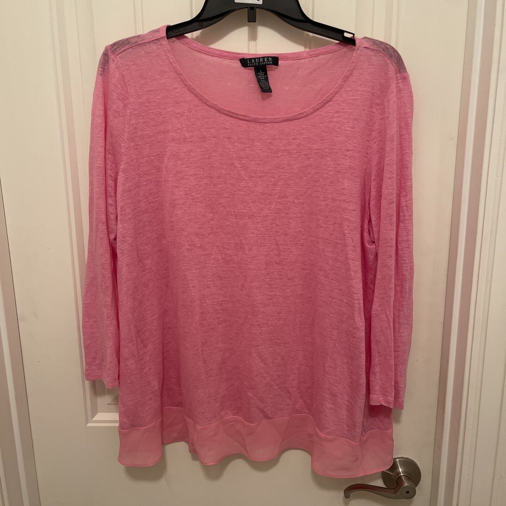 Lauren Ralph Lauren 3/4 Sleeve 💯% Linen Sheer Top Women's Sz L Pink Round Neck